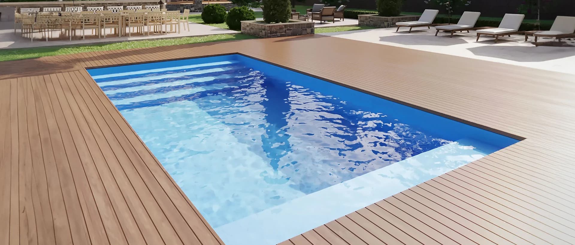 Piscina X-Pools instalada con deck de madera alrededor