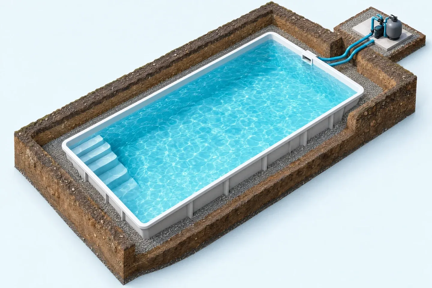 Piscina con agua, relleno de grava y conexiones hidráulicas